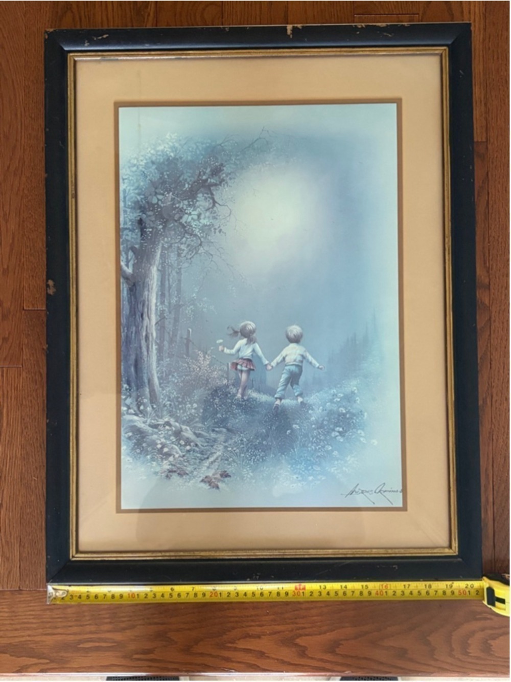 Antique Andres Orpinas Framed Print Two Children Walking In Wildflower Meadow - Picture 2 of 2